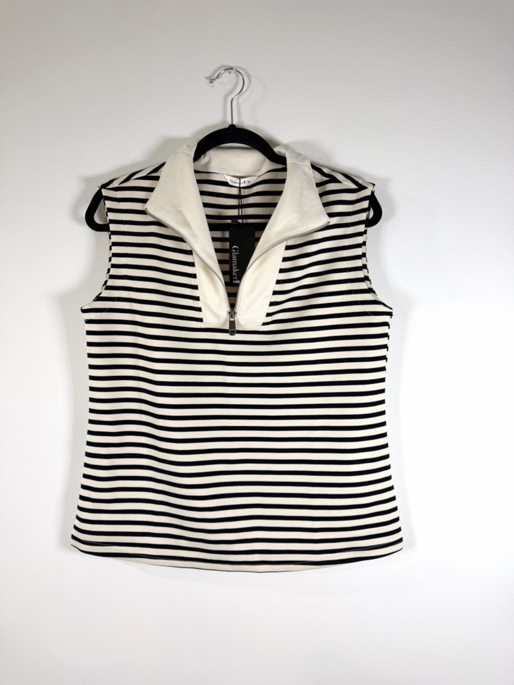 Glamaker Black & Cream Sleeveless Zip Collar Tank